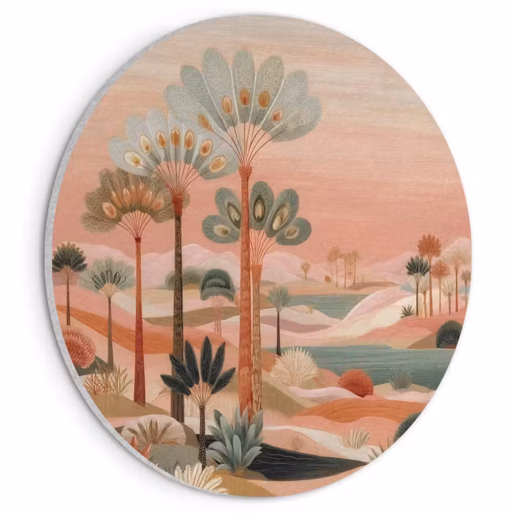 Akoestisch schilderij rond - Roze landschap - Palmen - Water — 1