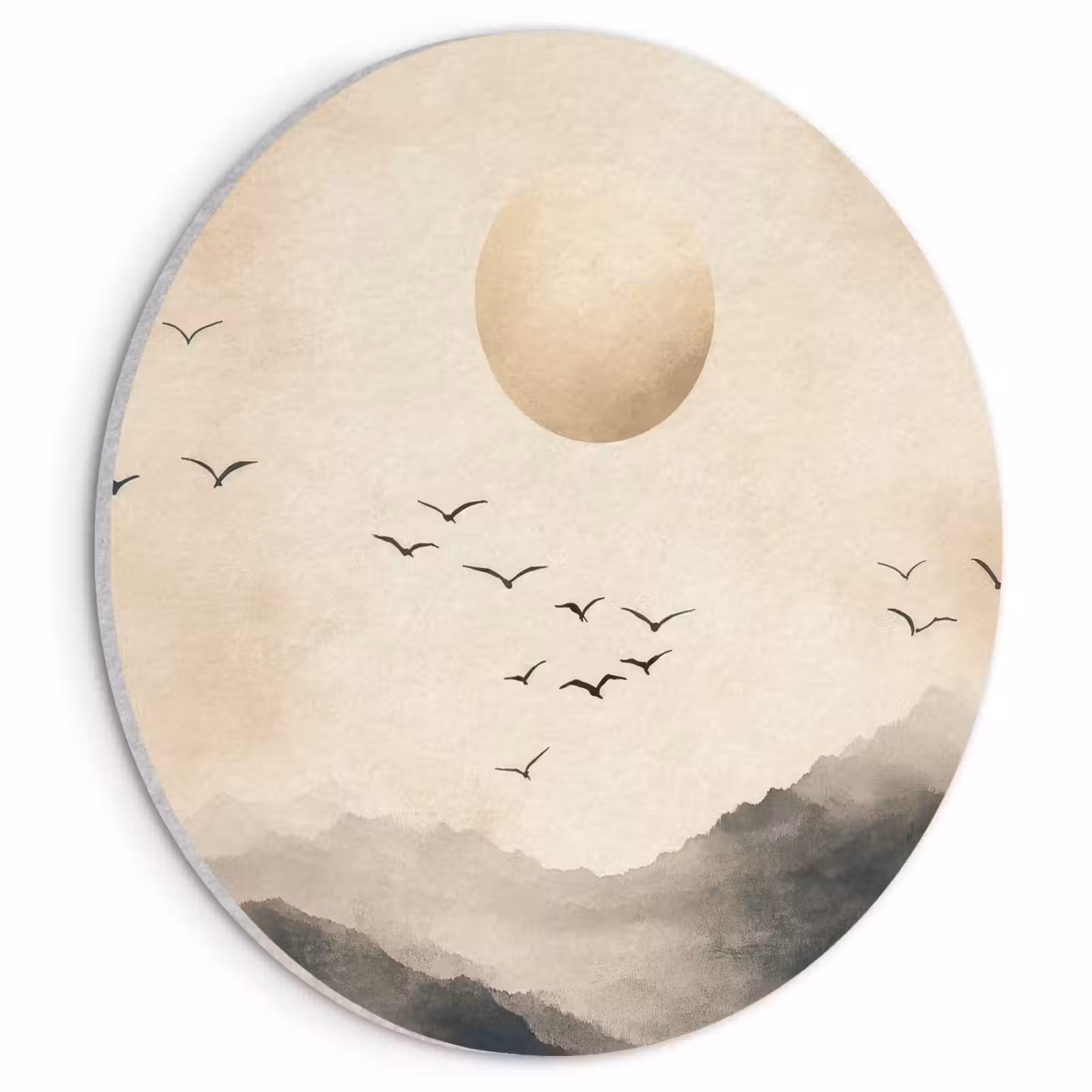 Akoestisch schilderij rond - Landschap - Japandi - vogel — 1