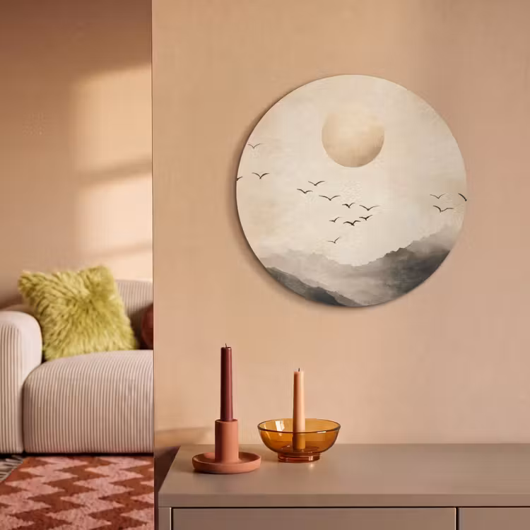 Akoestisch schilderij rond - Landschap - Japandi - vogel — 3