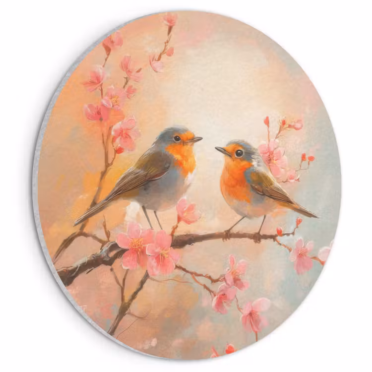 Akoestisch schilderij rond - Roodborstjes - Sierlijk - Bloesemtak — 1