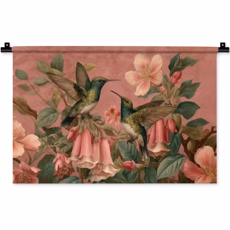 Wandkleed - Kolibries - Bloemen - Groen - Roze — 1