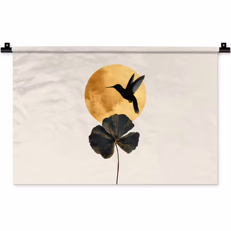 Wandkleed - Zwarte kolibrie - Bloem - Gouden cirkel — 1