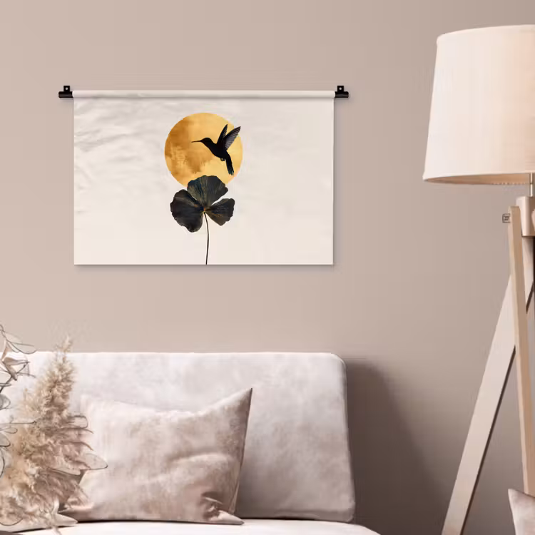 Wandkleed - Zwarte kolibrie - Bloem - Gouden cirkel — 2