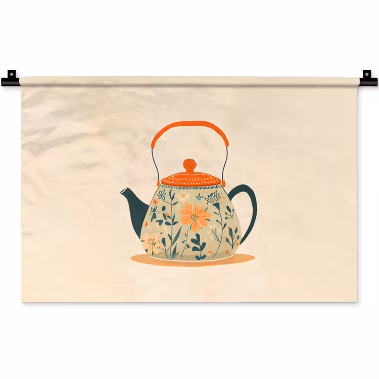Wandkleed - Oranje - Theepot - Bloemen - Bladeren — 1
