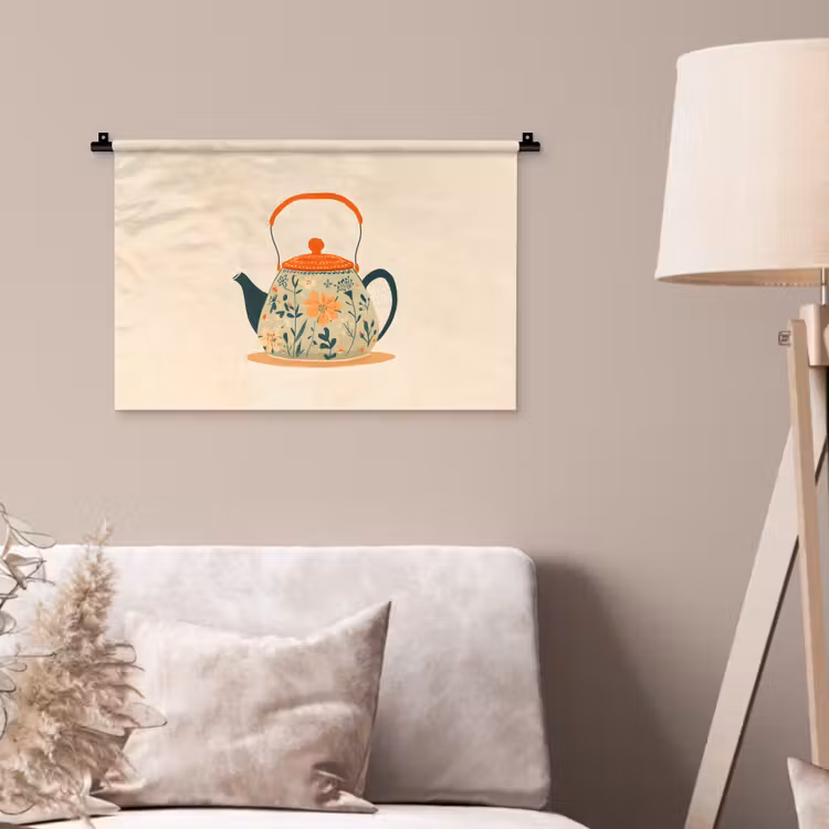 Wandkleed - Oranje - Theepot - Bloemen - Bladeren — 2