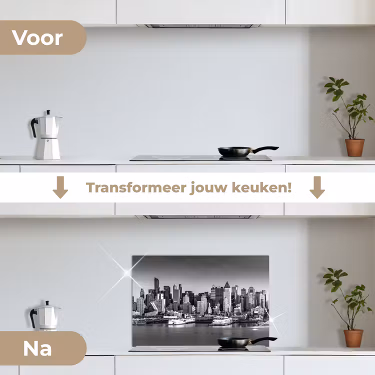 Spatscherm keuken - Skyline - Stad - Wolkenkrabbers - Zwart - Wit — 3