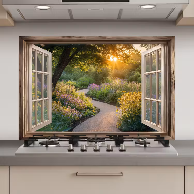 Spatscherm keuken - Doorkijk - Bloemen - Natuur - Zon - Pad — 1