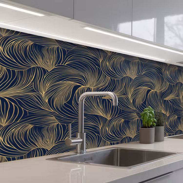 Keuken achterwand - Abstract - Lijnen - Blauw - Goud — 2