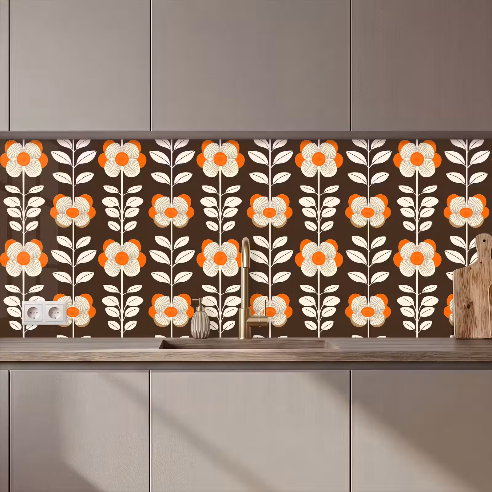 Keuken achterwand - Bloemen - Retro - Bruin — 1