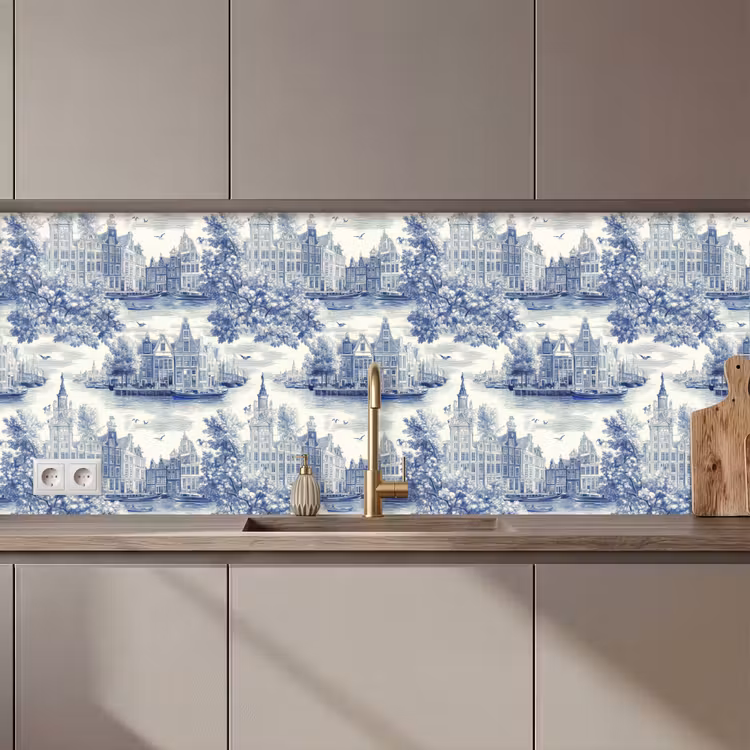 Keuken achterwand - Huizen - Bomen - Water - Vogels - Blauw — 1