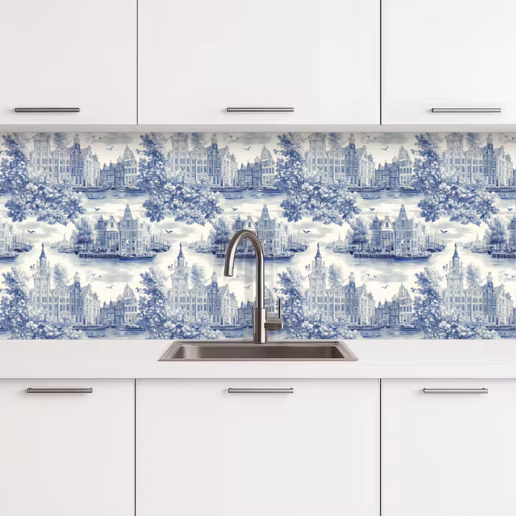 Keuken achterwand - Huizen - Bomen - Water - Vogels - Blauw — 4