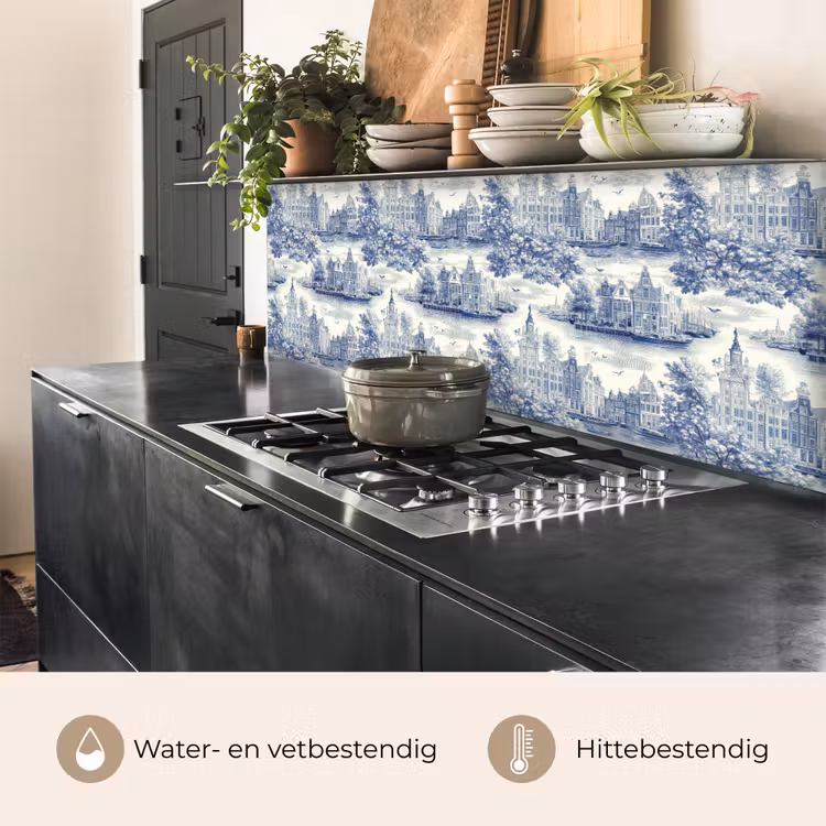 Keuken achterwand - Huizen - Bomen - Water - Vogels - Blauw — 5