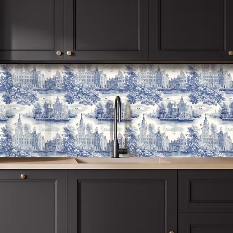Keuken achterwand - Huizen - Bomen - Water - Vogels - Blauw — 6
