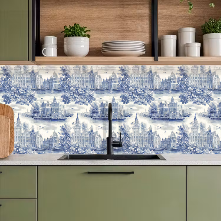 Keuken achterwand - Huizen - Bomen - Water - Vogels - Blauw — 8