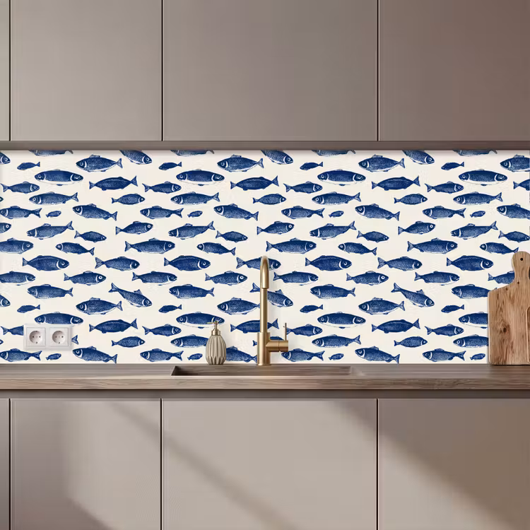 Keuken achterwand - Vissen - Patroon - Blauw - Wit — 1