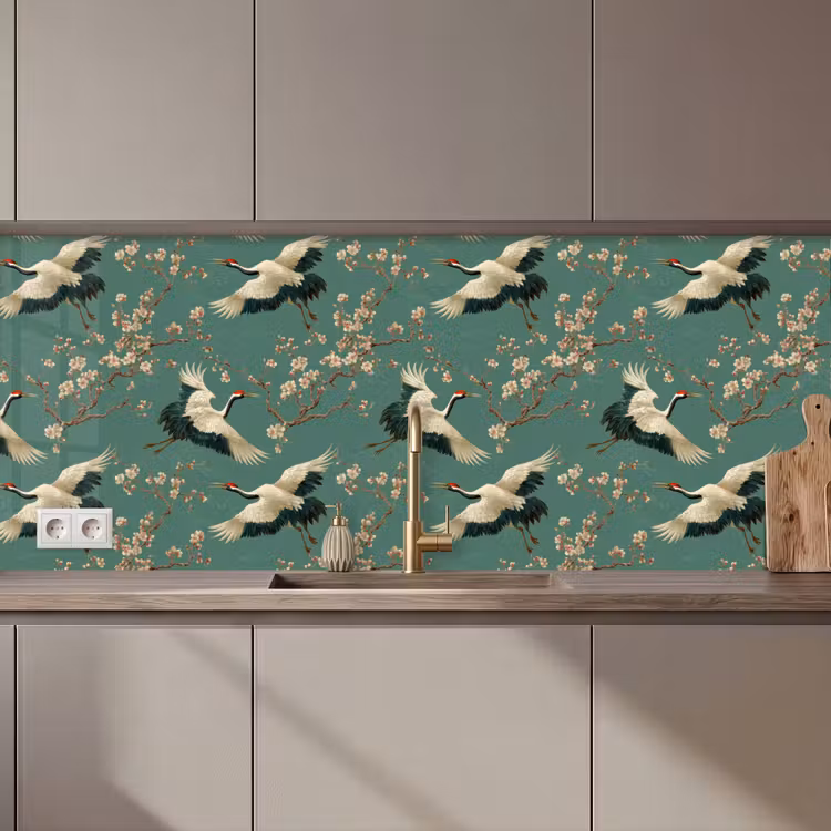 Keuken achterwand - Kersenbloesem - Kraamvogels - Groen — 1