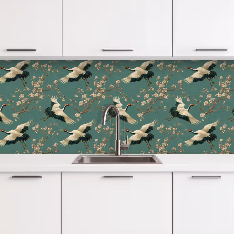 Keuken achterwand - Kersenbloesem - Kraamvogels - Groen — 4