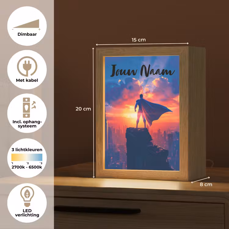 Nachtlampje met naam - Superheld - Stad - Jongens - Kleurrijk - Zon — 2