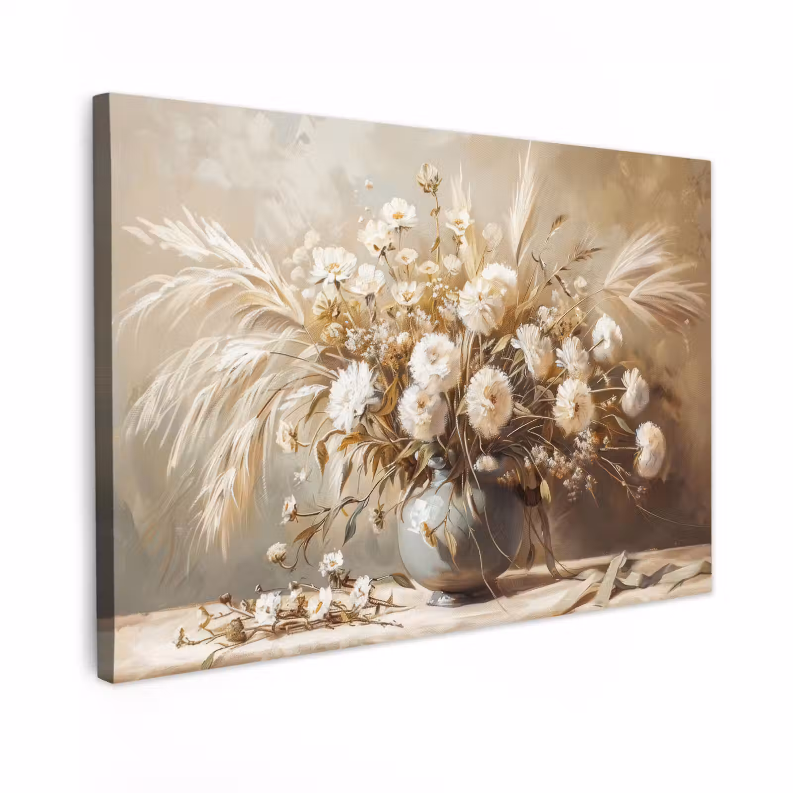 Canvas schilderij - Bloemen - Vaas - Stilleven - Beige — 1