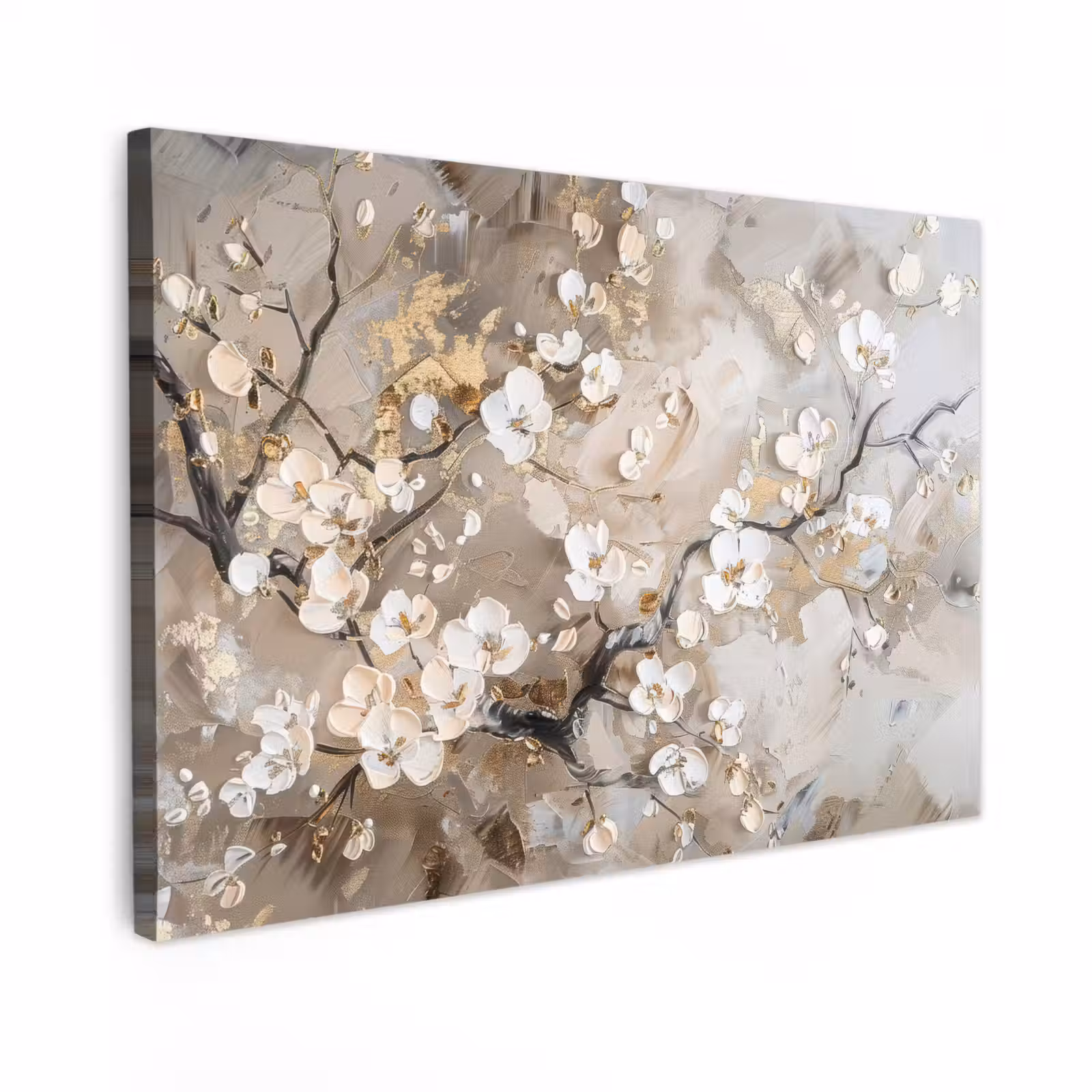 Canvas schilderij - Bloemen - Wit - Goud - Beige - Luxe — 1