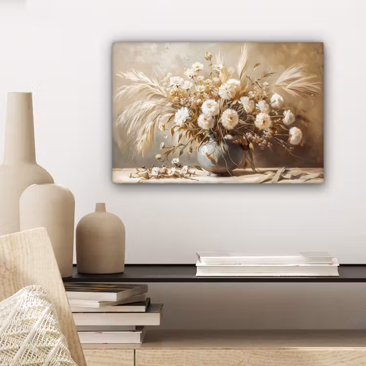 Canvas schilderij - Bloemen - Vaas - Stilleven - Beige — 5