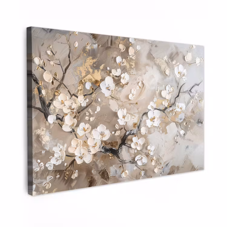 Canvas schilderij - Bloemen - Wit - Goud - Beige - Luxe — 1