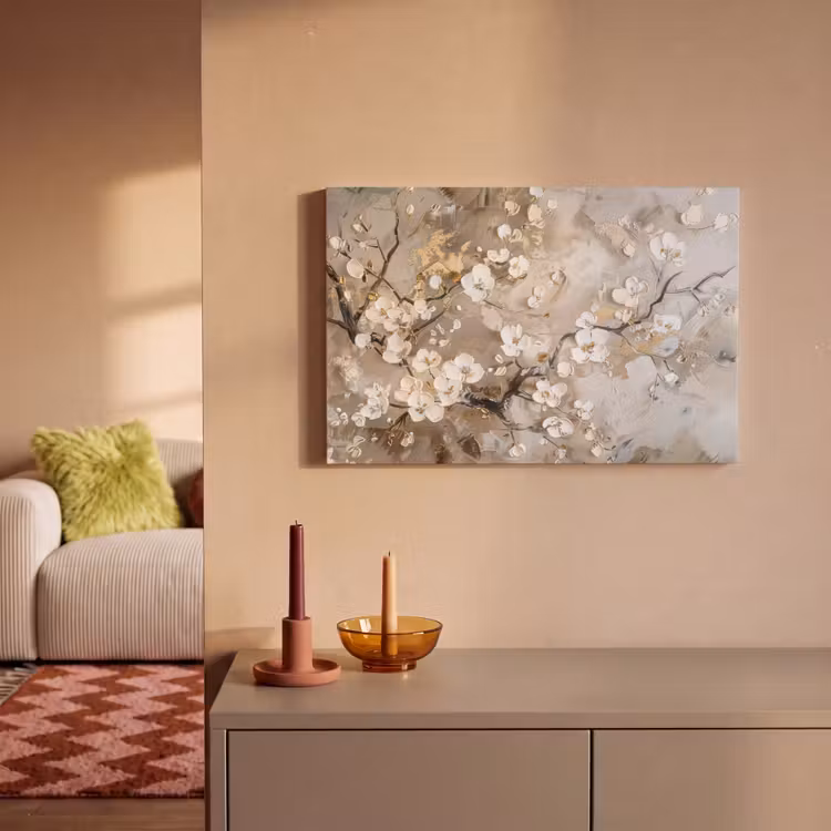 Canvas schilderij - Bloemen - Wit - Goud - Beige - Luxe — 2