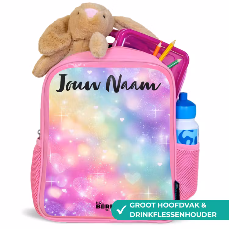 Kinderrugzak met naam - Roze - Licht - Regenboog - Hartjes — 2