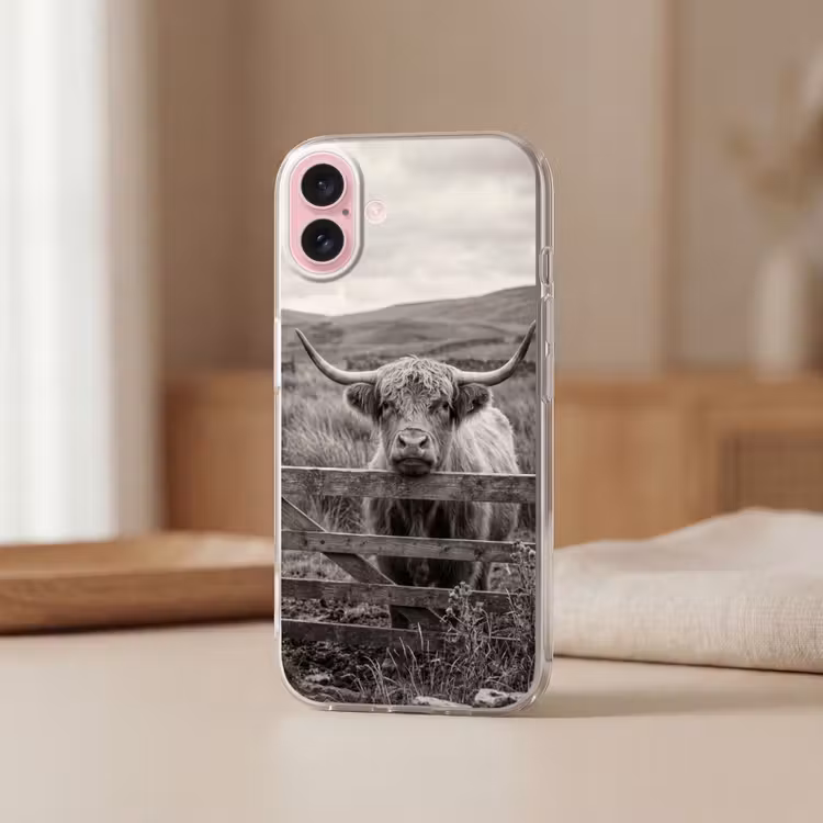Telefoonhoesje - Schotse hooglander - Zwart - Wit - Hout — 3