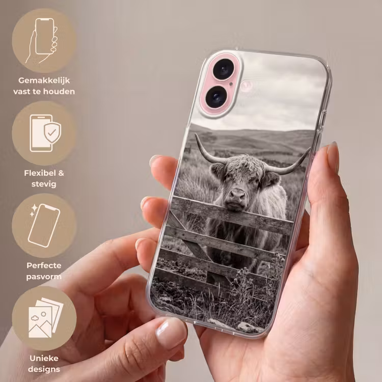 Telefoonhoesje - Schotse hooglander - Zwart - Wit - Hout — 4