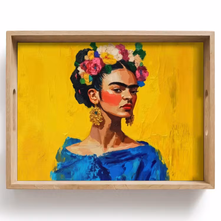 Dienblad - Frida Kahlo - Vrouw - Geel - Blauw - Bloemen — 1