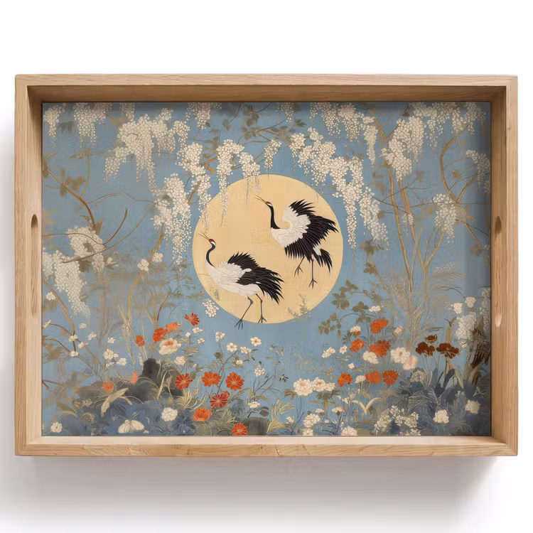 Dienblad - Kraanvogels - Maan - Bloemen - Blauw — 1