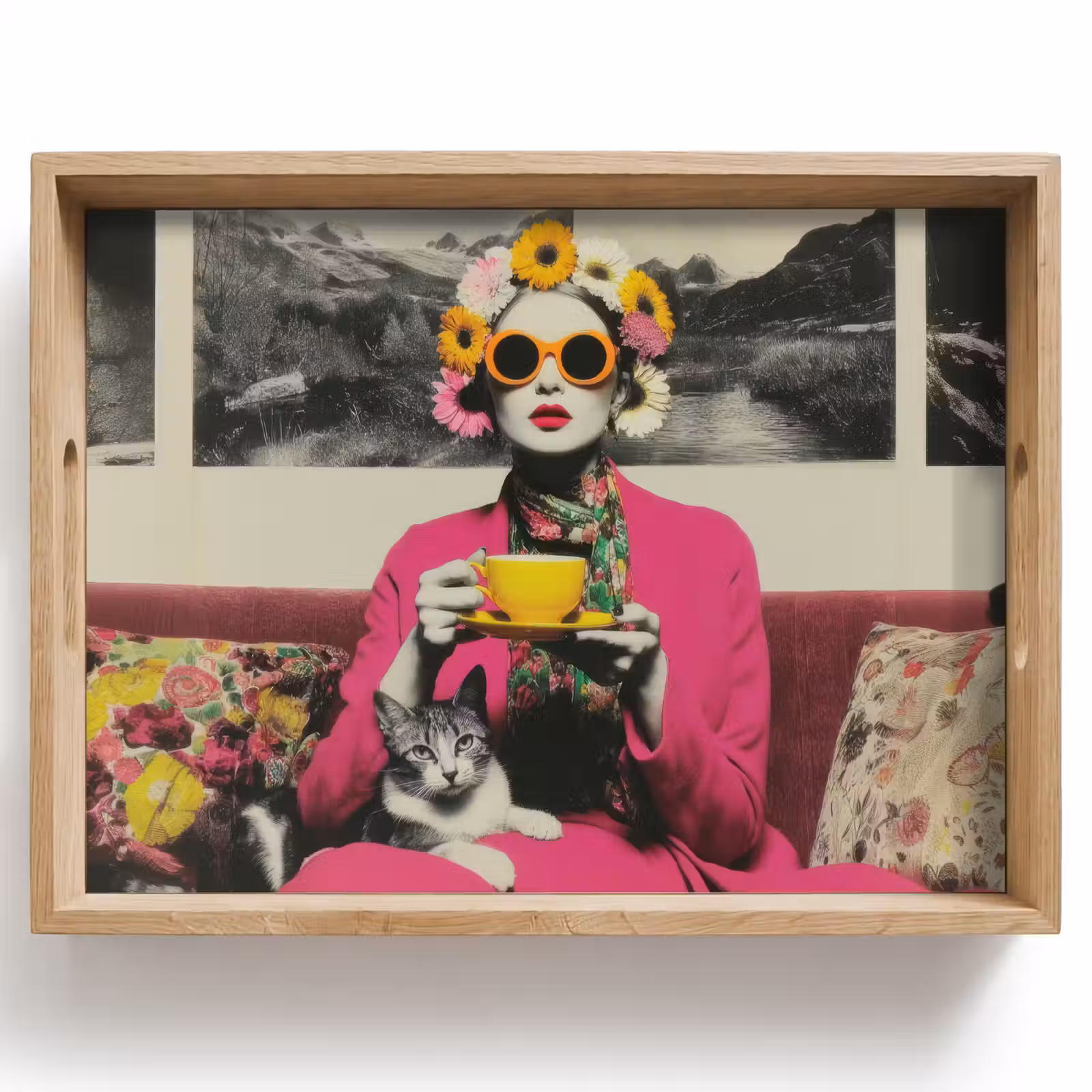Dienblad - Vrouw - Kat - Bloemen - Kopje - Retro — 1