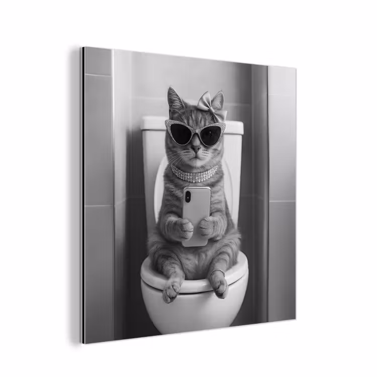 Aluminium schilderij - Kat - Telefoon - Toilet - Zwart - Wit — 1