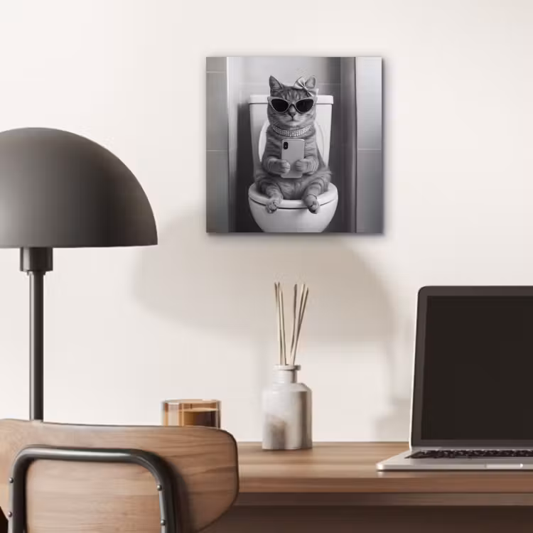 Aluminium schilderij - Kat - Telefoon - Toilet - Zwart - Wit — 6