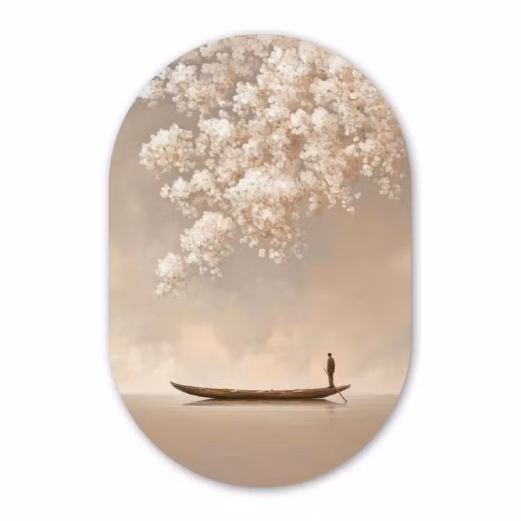 Muurovaal - Kunststof - Bloesems - Wit - Boot - Minimalistisch — 1