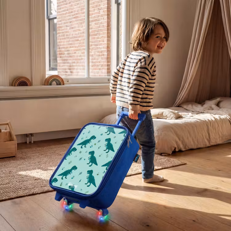 Kinderkoffer - Blauw - Vriendelijke T. rex tussen sporen — 3