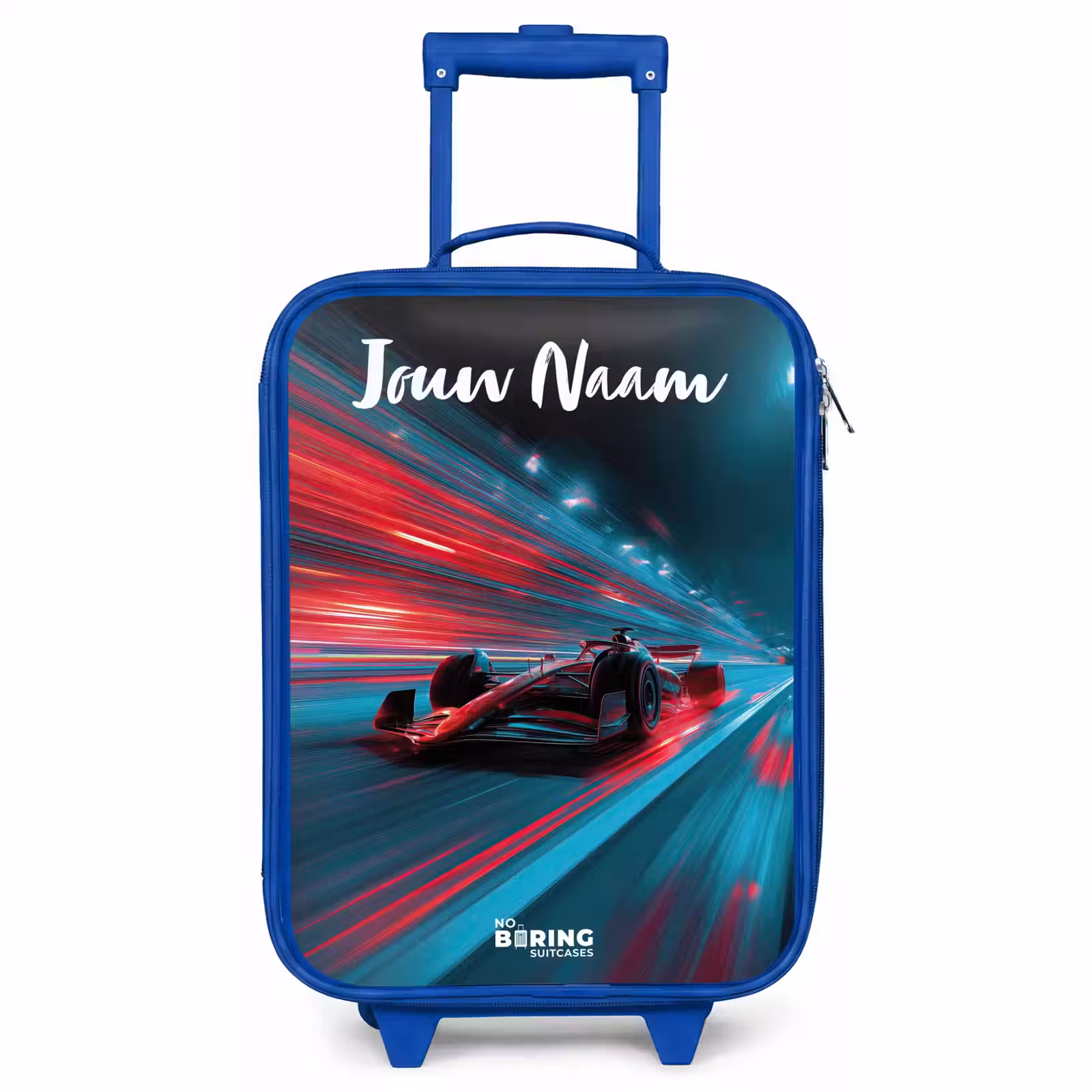 Kinderkoffer met naam - Blauw - Formule 1 - Raceauto - Rood - Neonverlichting — 1