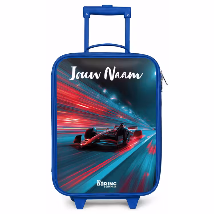 Kinderkoffer met naam - Blauw - Formule 1 - Raceauto - Rood - Neonverlichting — 1