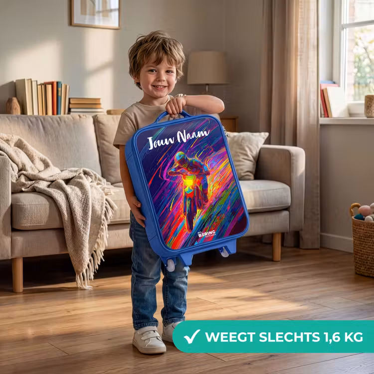 Kinderkoffer met naam - Blauw - Crossmotor - Neonkleuren - Lijnen - Helm — 2