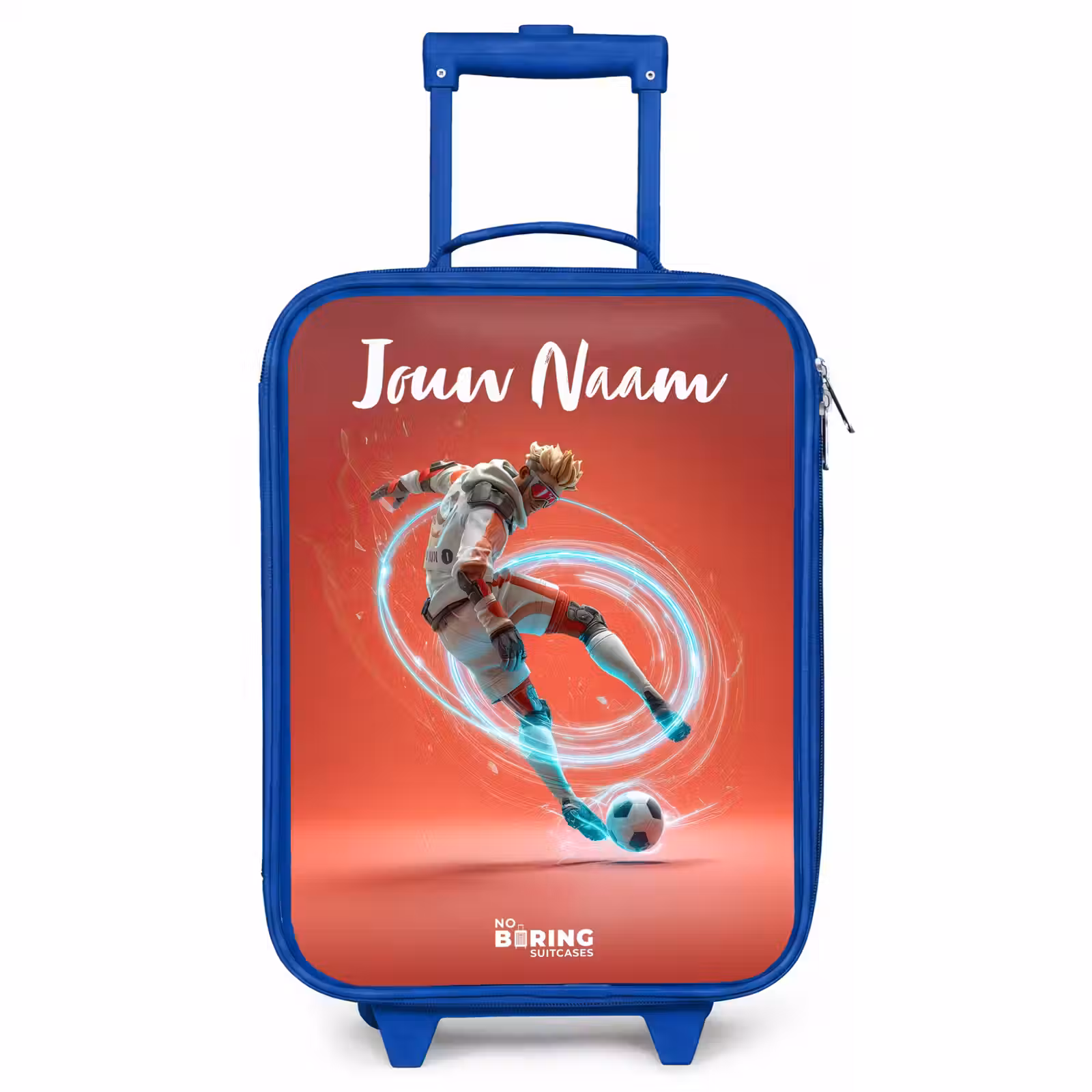 Kinderkoffer met naam - Blauw - Voetballer - Bal - Lichtcirkel - Rood — 1