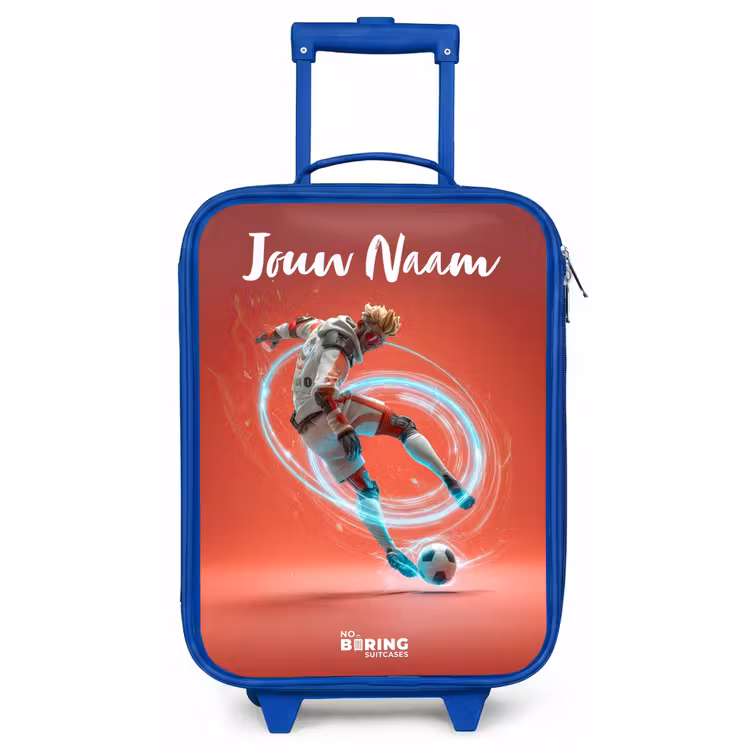 Kinderkoffer met naam - Blauw - Voetballer - Bal - Lichtcirkel - Rood — 1