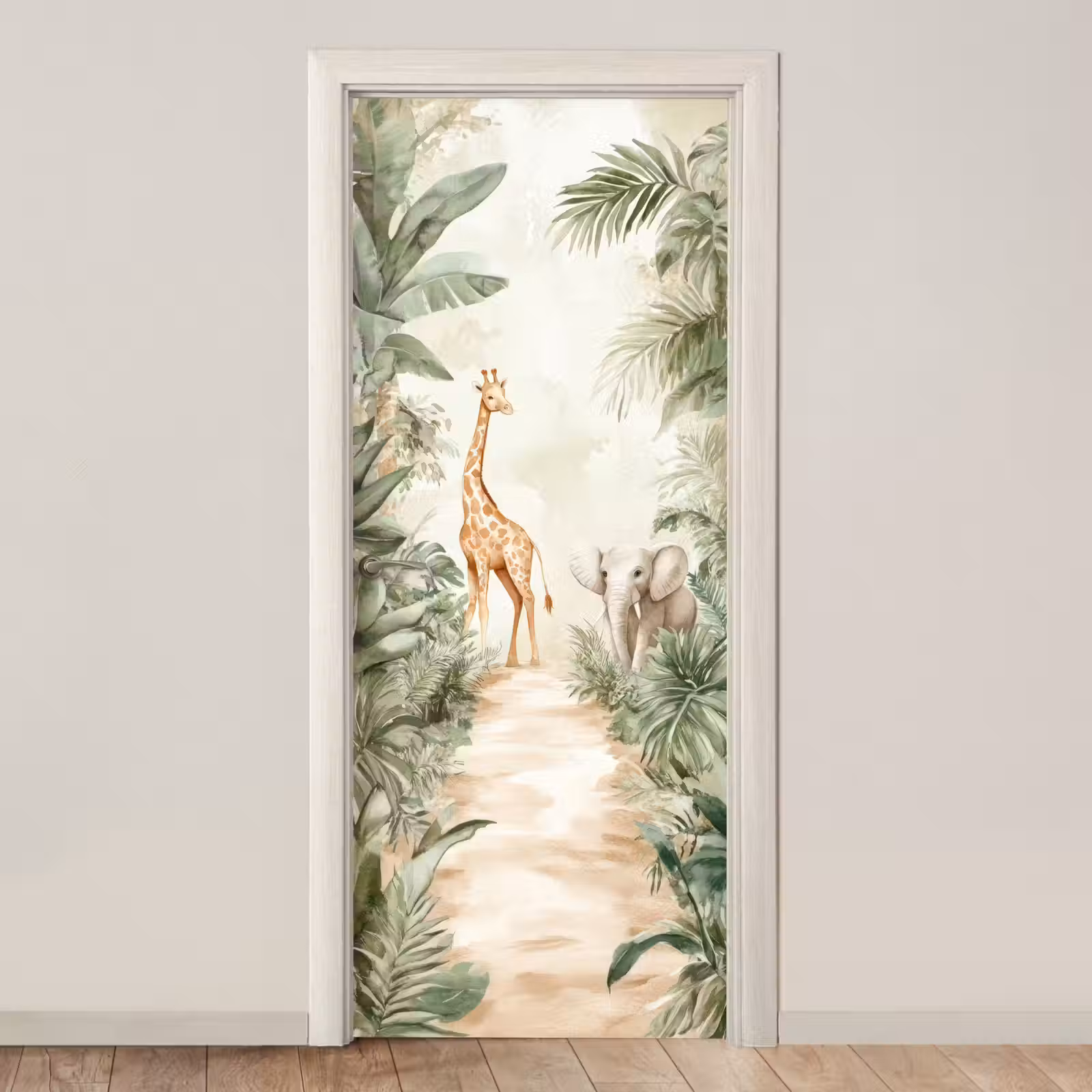 Deursticker - Jungle - Giraf - Olifant - Groen - Natuur — 1