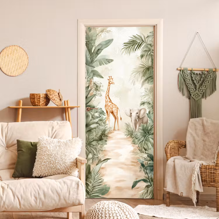 Deursticker - Jungle - Giraf - Olifant - Groen - Natuur — 4