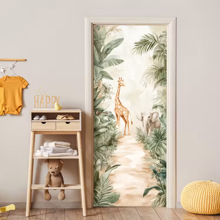 Deursticker - Jungle - Giraf - Olifant - Groen - Natuur — 6