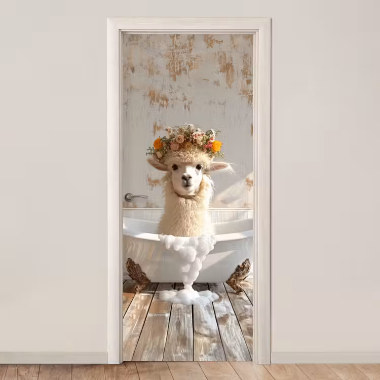 Deursticker - Vintage - Alpaca - Badkuip - Bloemen - Dieren — 1