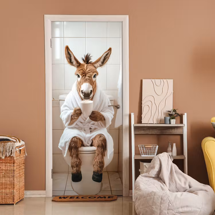 Deursticker - Ezel - WC - Grappig - Badjas - Dier — 2