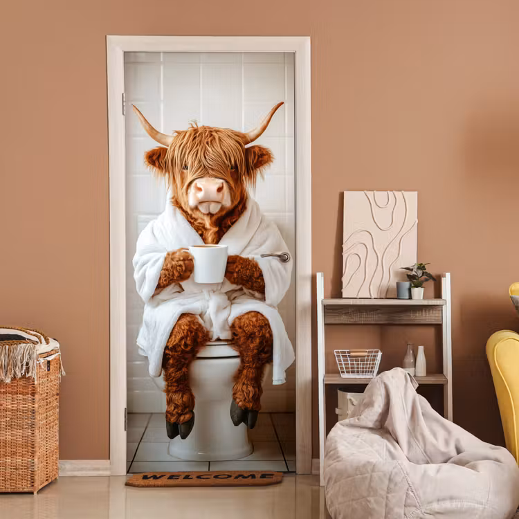 Deursticker - Schotse Hooglander - WC - Badjas - Modern - Dieren — 2