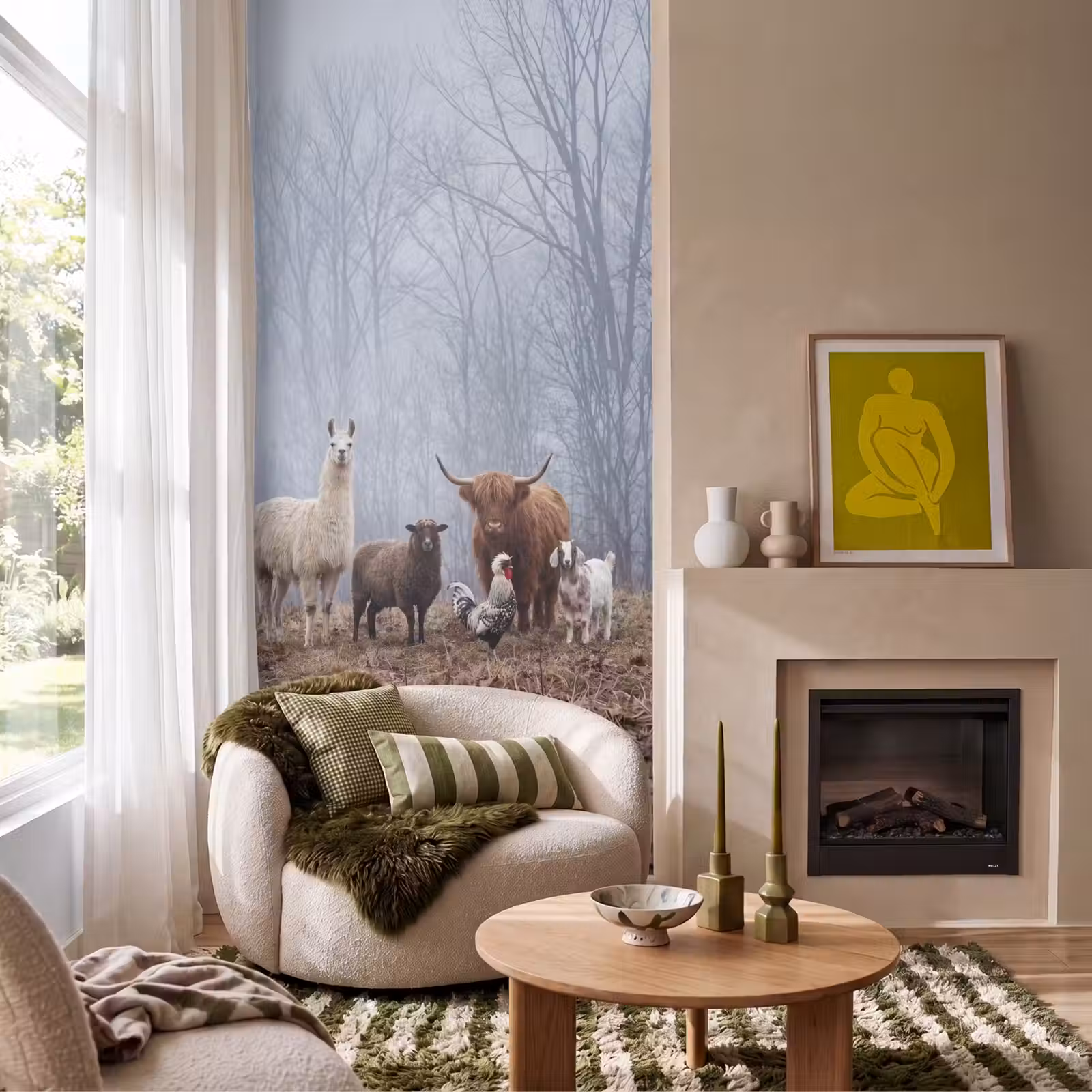 Behang - Boerderijdieren - Groep - Mist - Natuur - Rustiek — 1