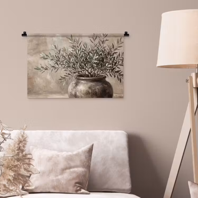 Wandkleed - Olijfplant - Aardenpot - Abstract - Beige — 2